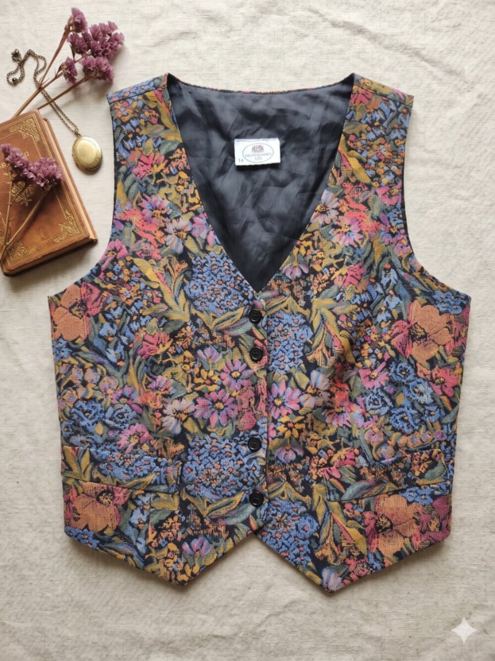 Vintage Floral Brocade V-Neck Button Vest